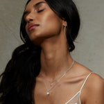 A model wearing the Here Comes the Sun Silver Necklace, showcasing its delicate design and spiritual symbolism, perfect for yoga and meditation. This meaningful piece embodies vitality and charm, making it an ideal talisman for manifestation.