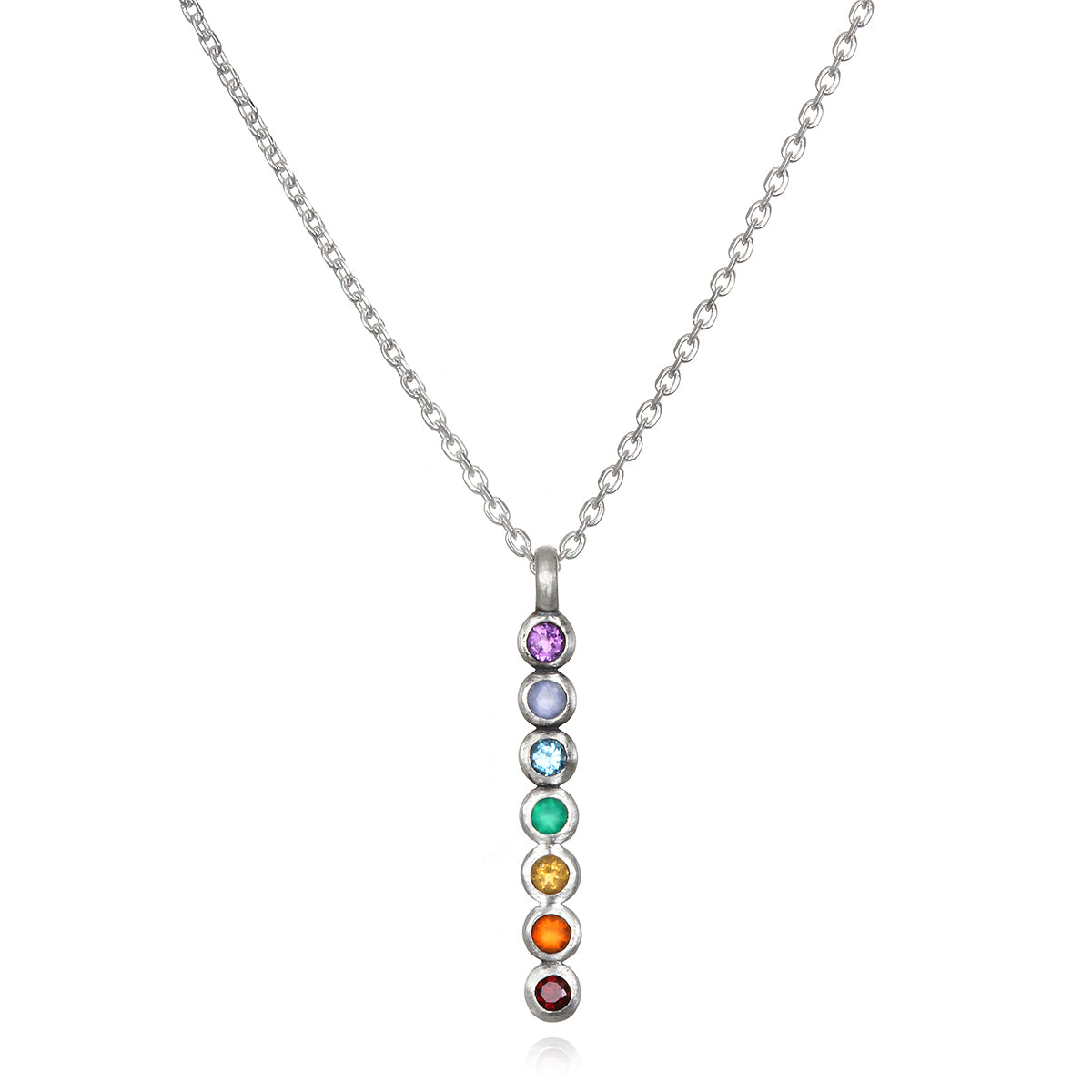 Divine Alignment Gemstone Chakra Silver Necklace featuring seven colorful gemstones representing the chakras, ideal for spiritual jewelry, meditation gifts, and symbolic meaning. Perfect for yoga and manifestation enthusiasts.