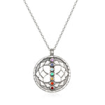 Divine Alignment Gemstone Chakra Silver Necklace featuring a hand-etched lotus relief, showcasing seven vibrant gemstones representing the chakras. This spiritual jewelry is an ideal meditation gift, embodying meaningful symbolism for yoga practitioners, and serves as an amulet for manifestation and protection. Its sacred design holds significance for zodiac enthusiasts, making it a perfect addition to any collection.