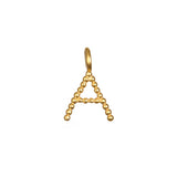 Initial Letter Charm in 18kt gold plating, featuring the letter A, designed for layering with spiritual jewelry. This charm embodies meaningful connections, ideal for manifestation and personal expression. Perfect for yoga enthusiasts and those seeking meditative protection.