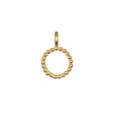 Initial Letter Charm in a circular shape, elegantly designed with beaded detailing in 18kt gold plated brass, ideal for layering in your spirituality and meditation practice, symbolizing the cycle of life and connection to the sun and moon.