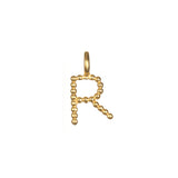 Initial Letter Charm showcasing a gold-plated 'R', ideal for layering in your spiritual jewelry collection. This charm embodies the essence of protection and meaningful meditation, making it a valuable addition to your talisman collection.