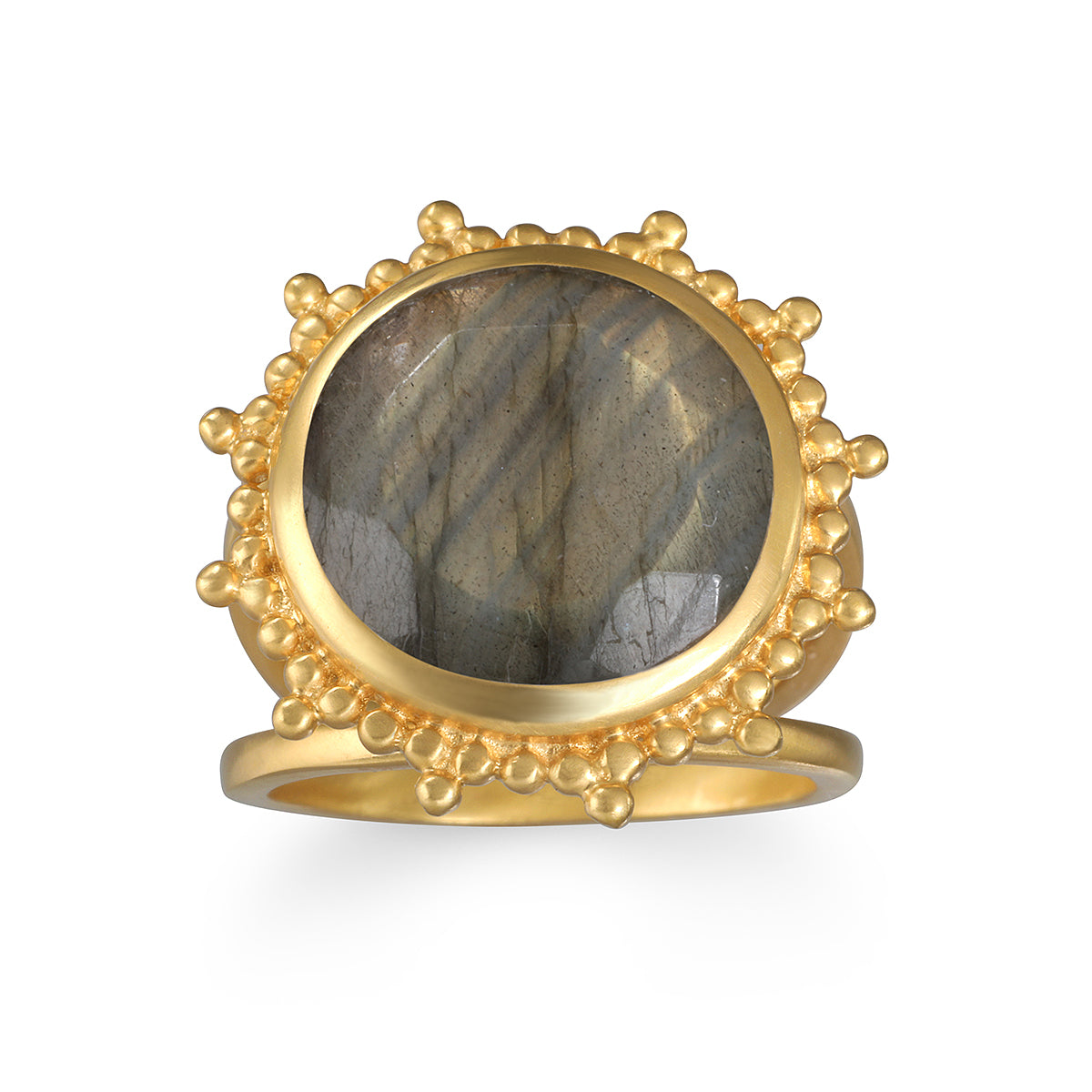 Pursue Your Truth Labradorite Ring featuring a large faceted labradorite stone cradled in 18kt gold plate sun rays, representing spiritual jewelry and meaningful protection for meditation and manifestation.