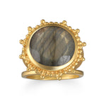 Pursue Your Truth Labradorite Ring featuring a large faceted labradorite stone cradled in 18kt gold plate sun rays, representing spiritual jewelry and meaningful protection for meditation and manifestation.