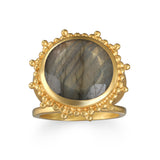 Pursue Your Truth Labradorite Ring featuring a large faceted labradorite stone cradled in 18kt gold plate sun rays, representing spiritual jewelry and meaningful protection for meditation and manifestation.