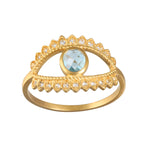Keeper of Positivity Eye Blue Topaz Ring featuring a beautiful evil eye design, symbolizing intuition and protection. Crafted with 18kt gold plate and adorned with blue topaz, this piece serves as spiritual jewelry, perfect for meditation and as a meaningful talisman. Ideal for those into zodiac, malas, and yoga, it embodies concepts of manifestation and protection in its design.