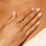 The Vibrant Beauty Cluster Gemstone Ring Set worn on a hand, featuring various gemstones that resonate with zodiacs and spiritual meanings. This talisman symbolizes manifestation and charm, adding a meaningful touch to any outfit for yoga and meditation.