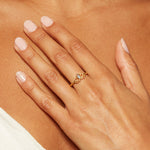 A hand wearing the Cultivate Truth Lotus Labradorite Ring, emphasizing its delicate gold-plated design and significance as a spiritual talisman, perfect for yoga and personal protection in everyday wear.