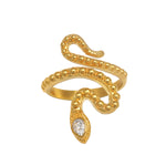Beauty is Timeless Snake Adjustable Ring, a captivating 18kt gold plated serpent design adorned with sparkling white topaz. This exquisite piece symbolizes energy, immortality, and eternity, embodying spiritual jewelry that resonates with meditation, zodiac meanings, and protection. Perfect for yoga enthusiasts and those seeking meaningful charms for manifestation.