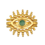 Shed a Light Evil Eye Ring Set featuring a striking gold-plated design with an emerald centerpiece, symbolizing protection and intuition. This spiritual jewelry piece embodies a meaningful talisman perfect for meditation and manifestation, appealing to those interested in astrology and yoga.