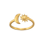 Illuminated Spirit Moon Sun Adjustable Ring showcasing a crescent moon and sun design, symbolizing spiritual jewelry, protection, and vitality. Perfect for meditation and meaningful manifestation, it embodies the essence of charm and zodiac energies.