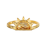 Reclaim Joy Citrine Sunrise Ring featuring a sun-shaped design with a faceted citrine stone, embodying spiritual jewelry qualities for meditation and manifestation. Ideal for those seeking meaningful charm and protection.