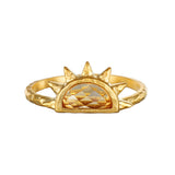Reclaim Joy Citrine Sunrise Ring featuring a sun-shaped design with a faceted citrine stone, embodying spiritual jewelry qualities for meditation and manifestation. Ideal for those seeking meaningful charm and protection.