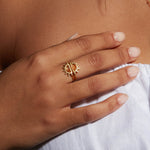 The Reclaim Joy Citrine Sunrise Ring elegantly displayed on a hand, enhancing the wearer's zodiac-inspired style with its sun motif, embodying the meaning of joy and protection in spiritual jewelry.