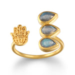 Blessed Insight Labradorite Hamsa Adjustable Ring, a beautiful piece of spiritual jewelry featuring Labradorite stones and a hamsa hand symbol, ideal for meditation gifts and meaningful momentos, representing protection, sacred energy, and manifestation.