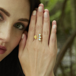 A woman showcasing the Blessed Insight Labradorite Hamsa Adjustable Ring, symbolizing protection and blessings with a hamsa hand. This piece of spiritual jewelry is perfect for meditation gifts and embodies meaningful symbolism for manifestation and sacred practices.