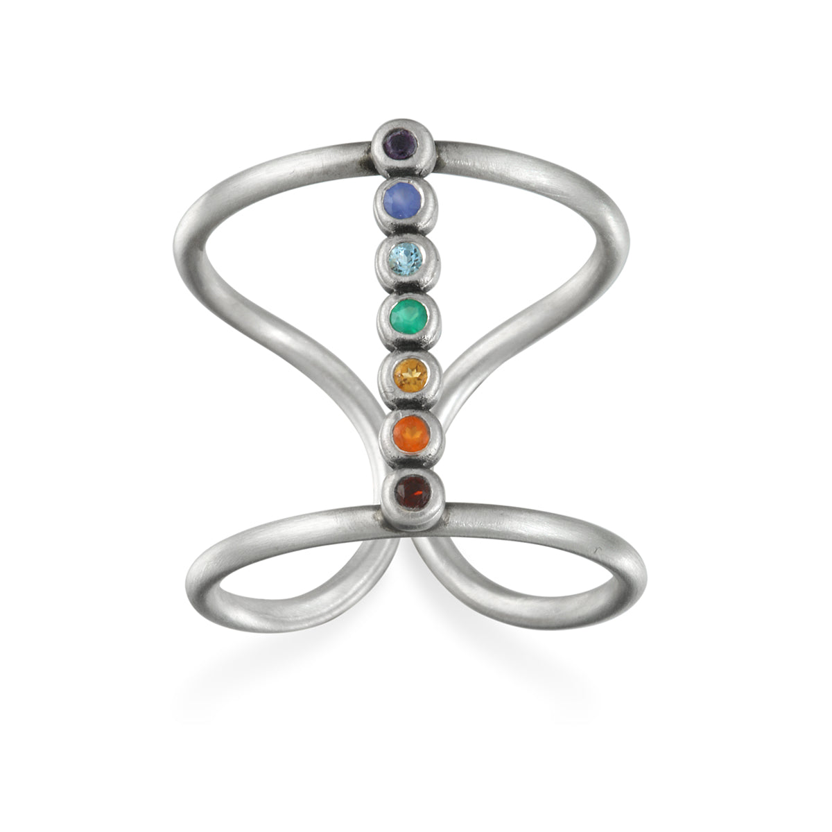 Divine Alignment Silver Chakra Ring featuring vibrant gemstones representing the seven chakras. This spiritual jewelry is perfect for meditation gifts, symbolizing meaningful and protective energy for yoga practices. A beautiful amulet that reflects the manifestation and deeper meaning of sacred energy, connecting wearers to their zodiac and spiritual journey.