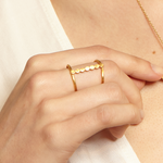 Close-up of the Cycles of the Goddess Adjustable Gold Ring, featuring the phases of the moon. This spiritual jewelry piece embodies nourishment and protection, making it a perfect talisman for those on a spiritual journey or practicing yoga.