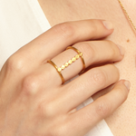 Cycles of the Goddess Adjustable Gold Ring showcased on a model's hand, symbolizing the moon phases and spiritual protection, perfect for meditation and meaningful manifestation. This elegant piece highlights the connection to yoga and zodiac energies.