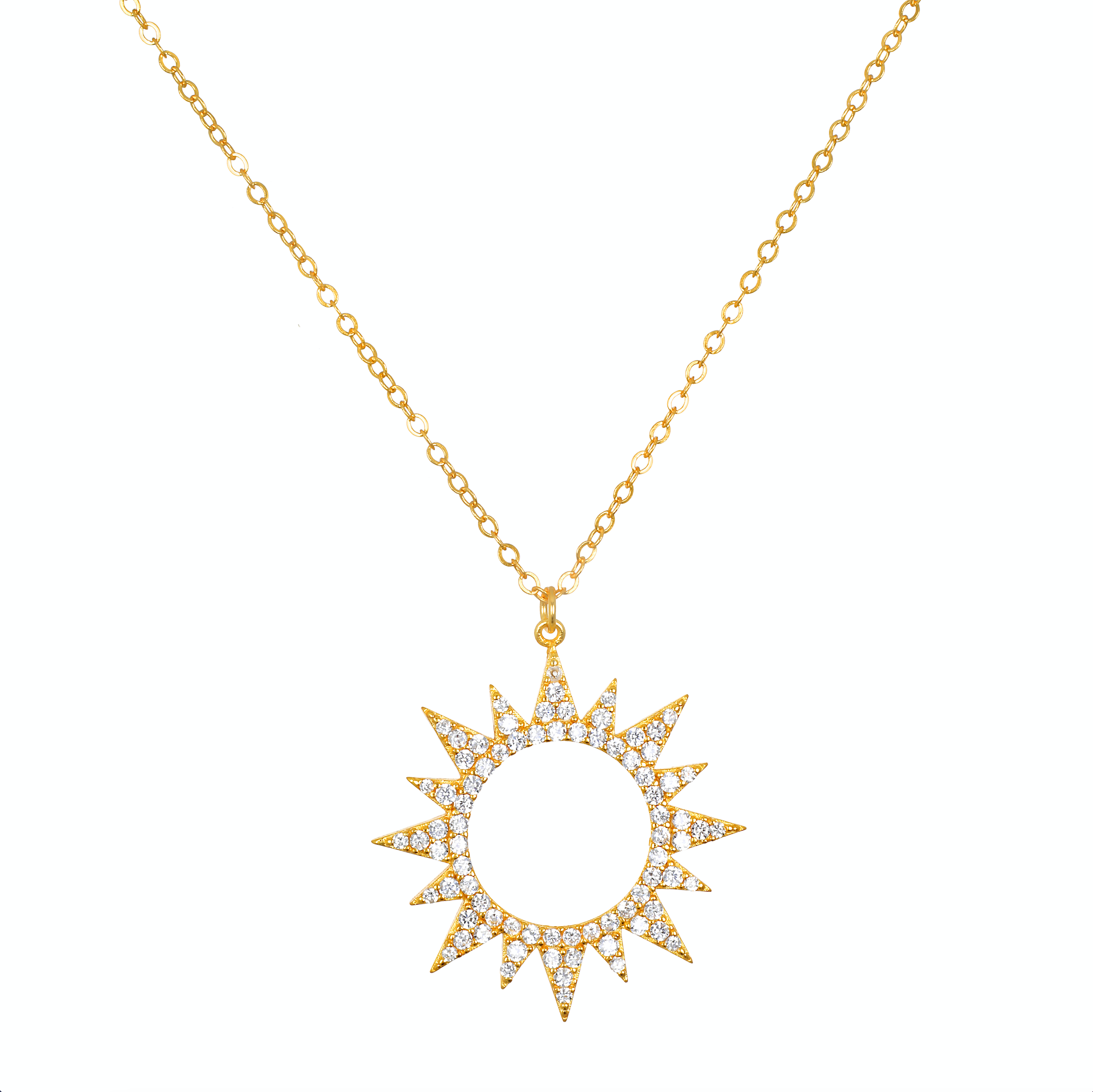 Gold-tone chain necklace with sun-shaped pendant featuring cubic zirconia crystals throughout.