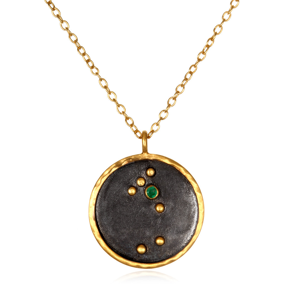 Taurus Zodiac Necklace featuring a unique round pendant with emerald green stone, perfect for spiritual jewelry lovers. This necklace symbolizes strength and is a great gift for meditation, yoga, and mantra practice. A meaningful piece that represents Taurus energy in a protective and sacred way.