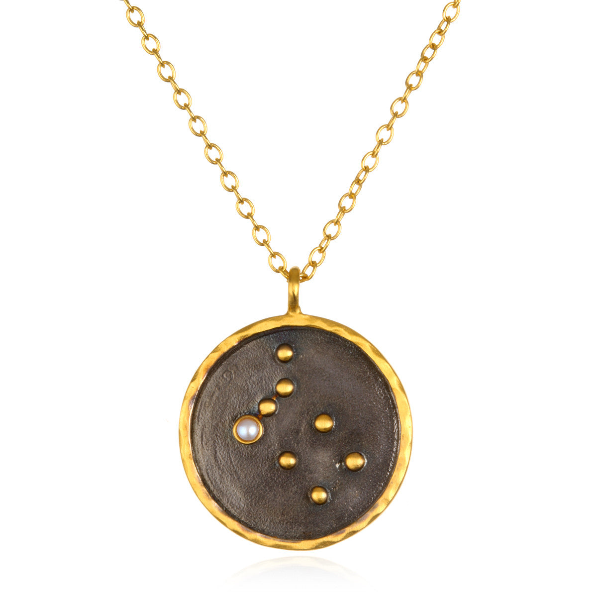 Gemini Zodiac Necklace featuring a circular pendant with a pearl, symbolic of duality and curiosity, perfect for spiritual jewelry, meditation gifts, mantra, and yoga practices, embodying meaningful and protective qualities of the zodiac.