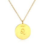 A beautifully crafted Leo Zodiac Necklace with a golden pendant that illustrates the Leo symbol. This meaningful piece of spiritual jewelry serves as an amulet, perfect for meditation gifts and yoga enthusiasts, embodying protective energy and the sacred significance of the zodiac.