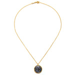 Close-up of the Leo Zodiac Necklace on a gold chain, highlighting its sacred pendant. This piece of spiritual jewelry is ideal for those seeking meaningful connections in meditation and yoga practices, offering a protective and symbolic touch.