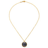 Close-up of the Leo Zodiac Necklace on a gold chain, highlighting its sacred pendant. This piece of spiritual jewelry is ideal for those seeking meaningful connections in meditation and yoga practices, offering a protective and symbolic touch.
