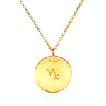 Close-up of the Capricorn Zodiac Necklace featuring a gold pendant engraved with the Capricorn symbol. This sacred piece of spiritual jewelry embodies meaningful connections, perfect for mantra meditation and zodiac empowerment.