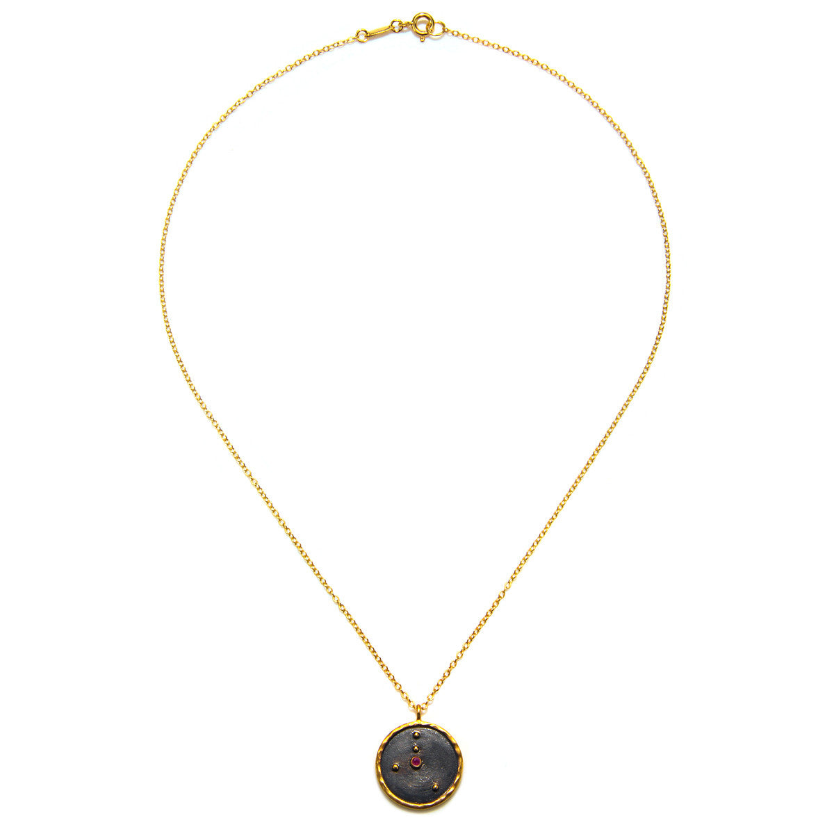 Front view of a Cancer Zodiac Necklace with a black pendant embellished with red stones, emphasizing its significance as a protective piece of spiritual jewelry.