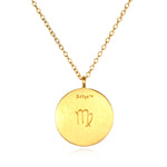 Virgo Zodiac Necklace showcasing a gold plate pendant engraved with the Virgo symbol, representing sacred meaning and serving as a protective amulet, perfect for yoga practice and spiritual mindfulness.