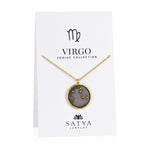 Virgo Zodiac Necklace featuring a unique circular pendant that symbolizes the Virgo sign, crafted with 18kt gold plate and gunmetal over brass. This spiritual jewelry represents protection and meaning, making it an ideal gift for meditation and yoga enthusiasts seeking a symbolic amulet for manifestation.