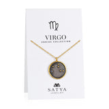 Virgo Zodiac Necklace featuring a unique circular pendant that symbolizes the Virgo sign, crafted with 18kt gold plate and gunmetal over brass. This spiritual jewelry represents protection and meaning, making it an ideal gift for meditation and yoga enthusiasts seeking a symbolic amulet for manifestation.