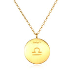 Close-up of the Libra Zodiac Necklace with a classic gold finish and zodiac symbol, representing strength and meaning in spiritual jewelry. A symbolic piece perfect for manifestation and meditation.