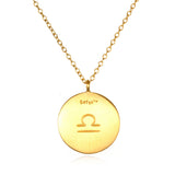 Close-up of the Libra Zodiac Necklace with a classic gold finish and zodiac symbol, representing strength and meaning in spiritual jewelry. A symbolic piece perfect for manifestation and meditation.